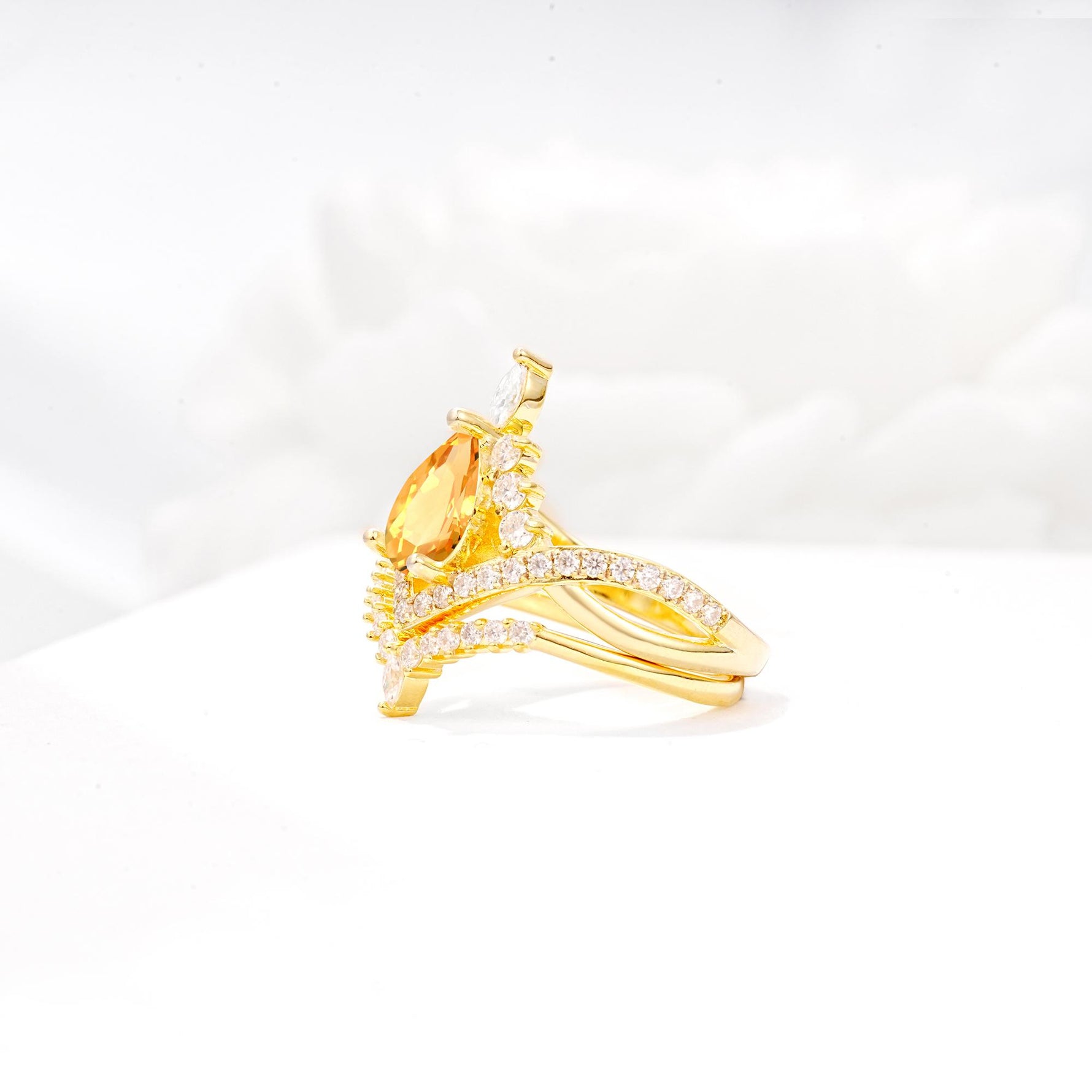 Tiara Pear Cut Citrine Bridal Ring Set with Chevron Enhancer Band - White-Gold