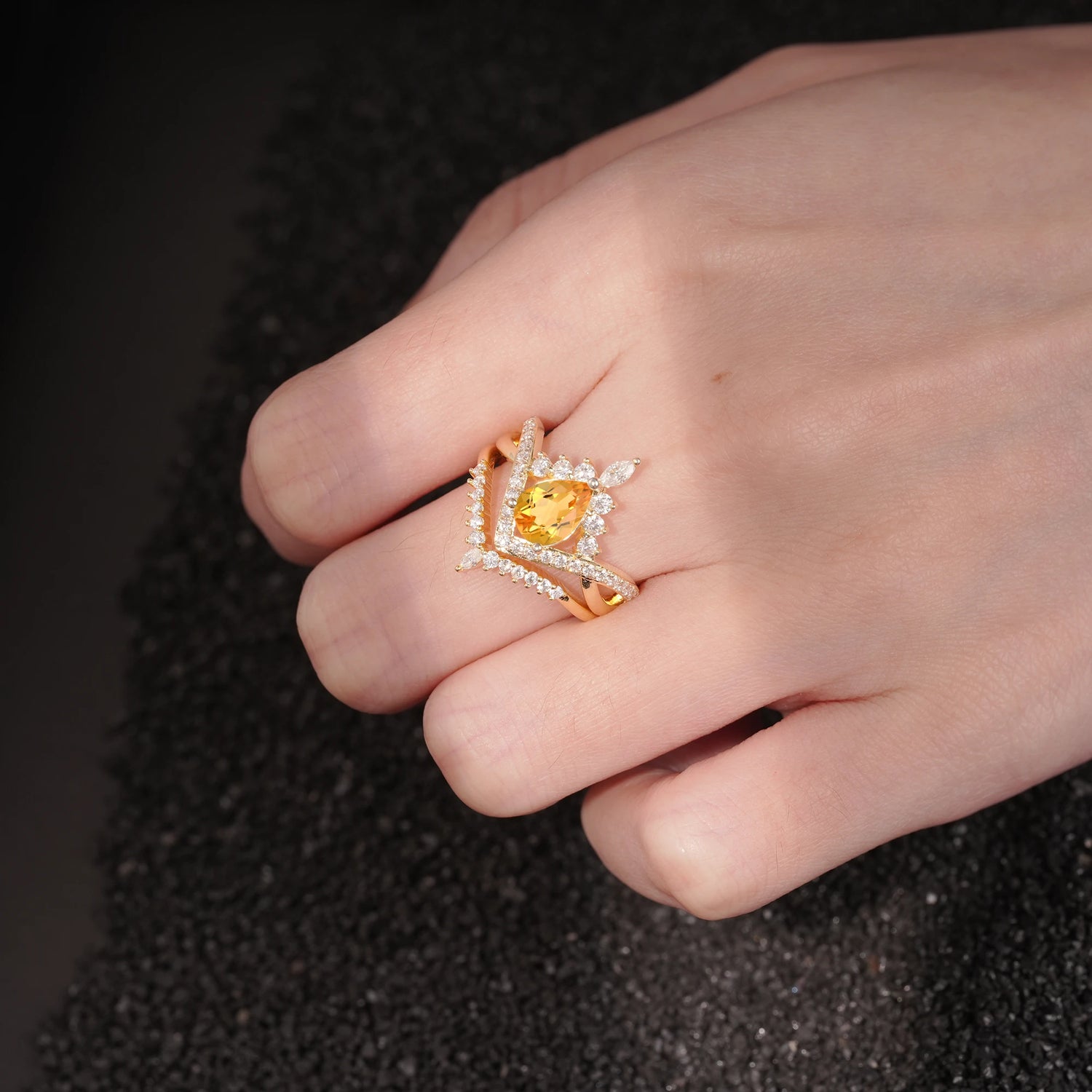 Tiara Pear Cut Citrine Bridal Ring Set with Chevron Enhancer Band