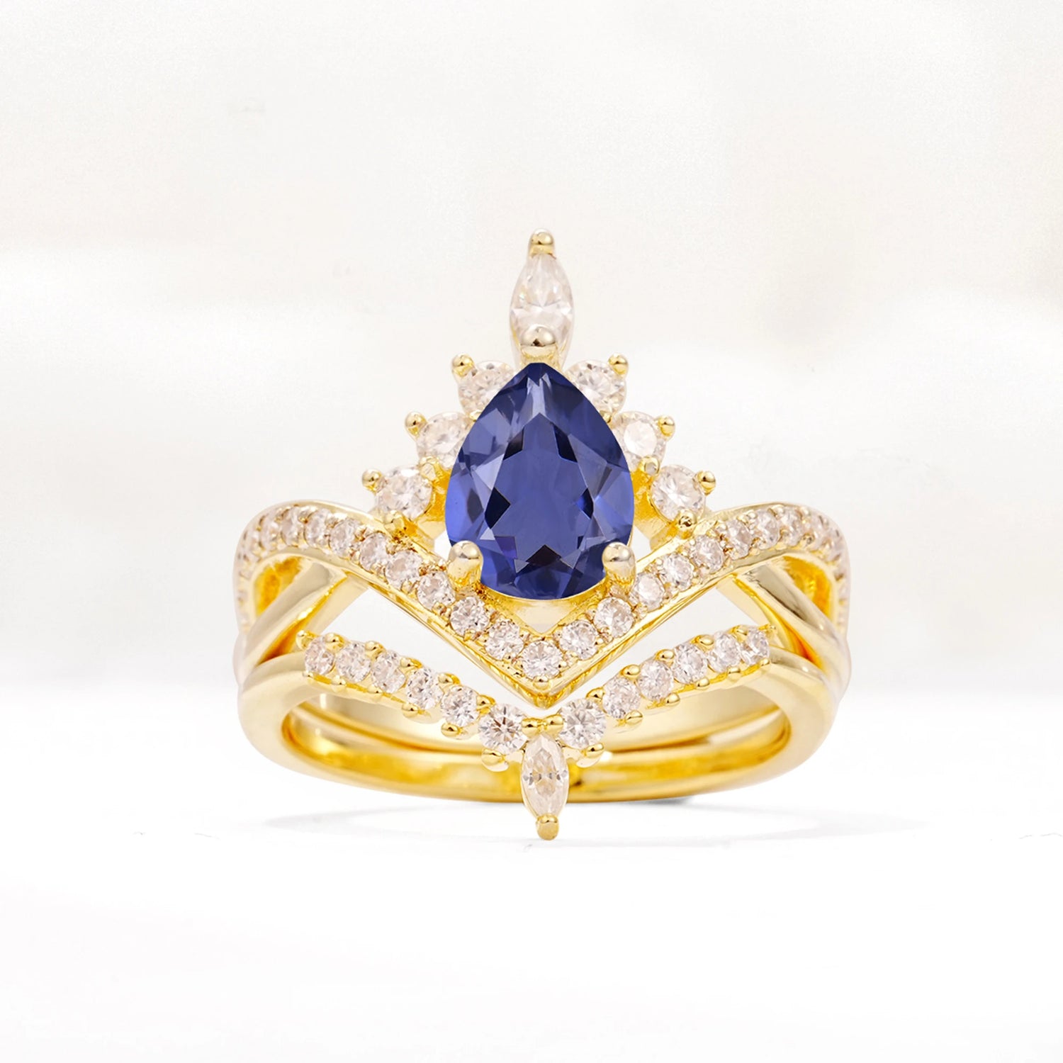 Tiara Pear Cut Tanzanite Bridal Ring Set with Chevron Enhancer Band