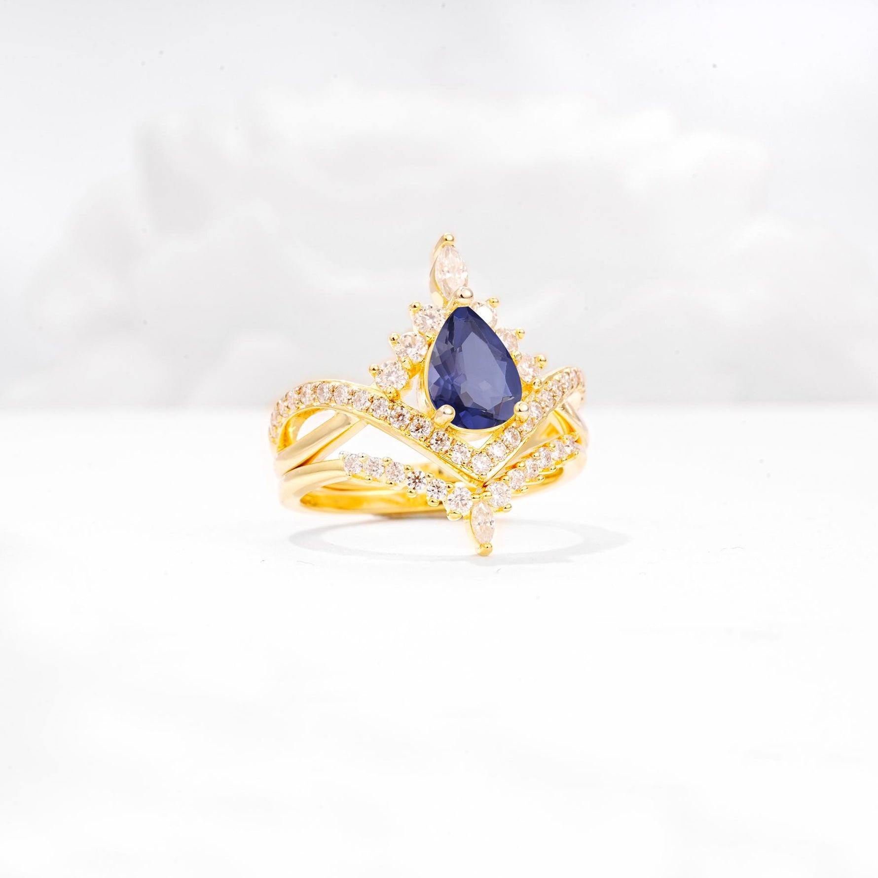 Tiara Pear Cut Tanzanite Bridal Ring Set with Chevron Enhancer Band - Rose-Gold