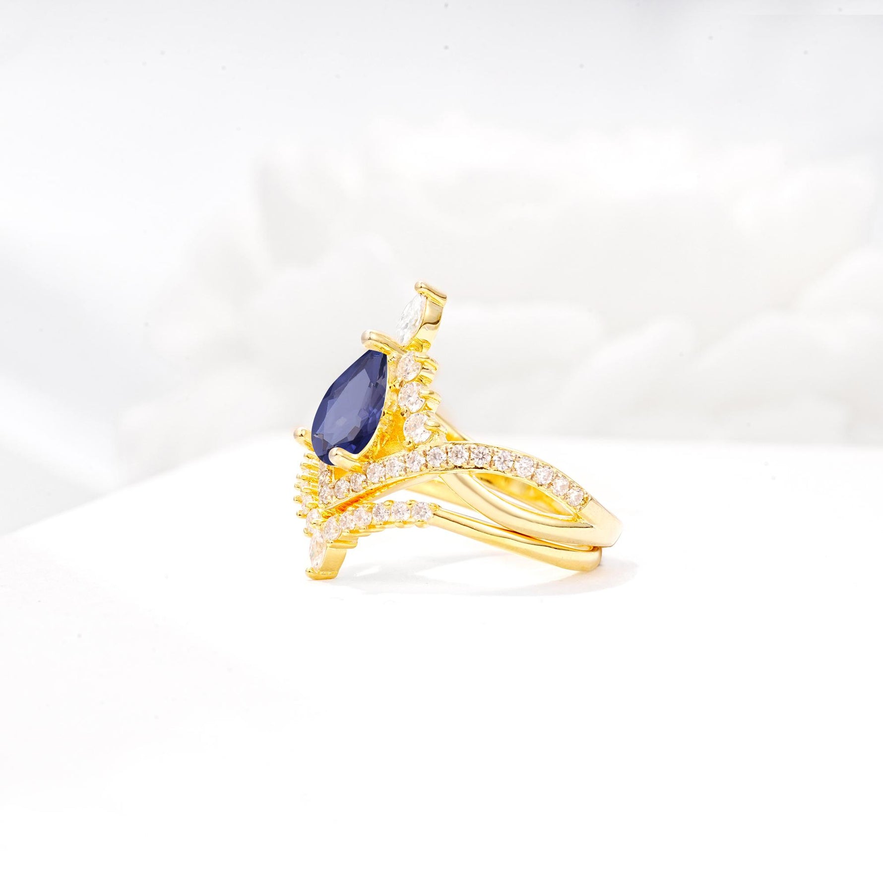 Tiara Pear Cut Tanzanite Bridal Ring Set with Chevron Enhancer Band - White-Gold