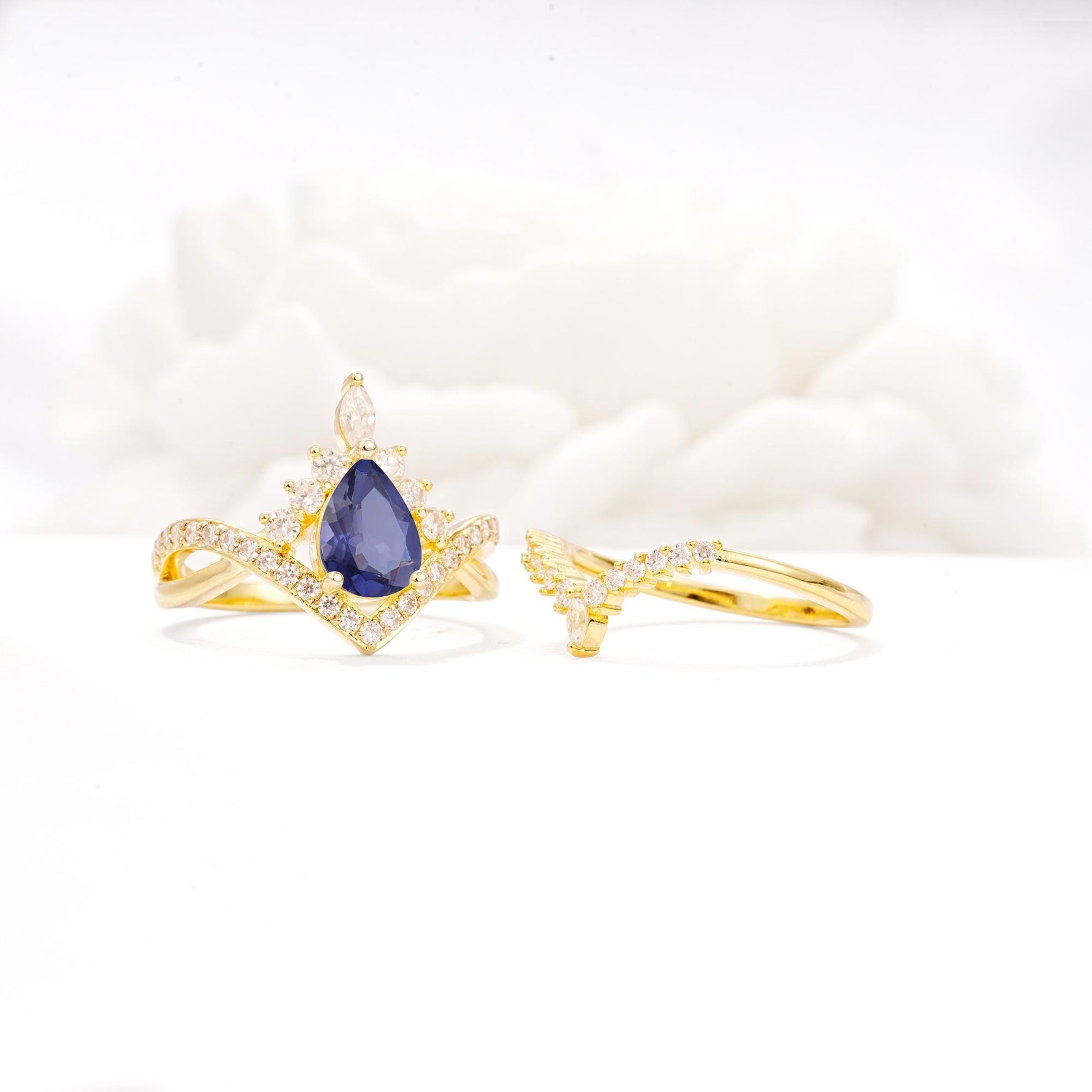 Tiara Pear Cut Tanzanite Bridal Ring Set with Chevron Enhancer Band - Additional view