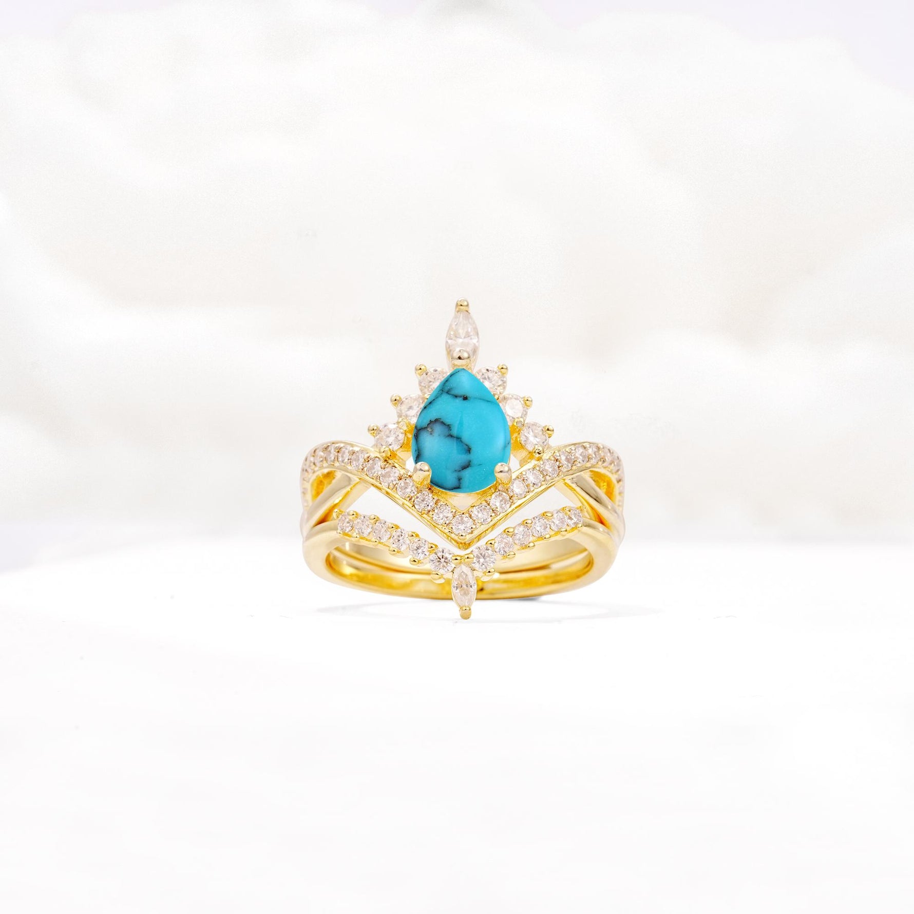 Tiara Pear Cut Turquoise Bridal Ring Set with Chevron Enhancer Band - Yellow-Gold