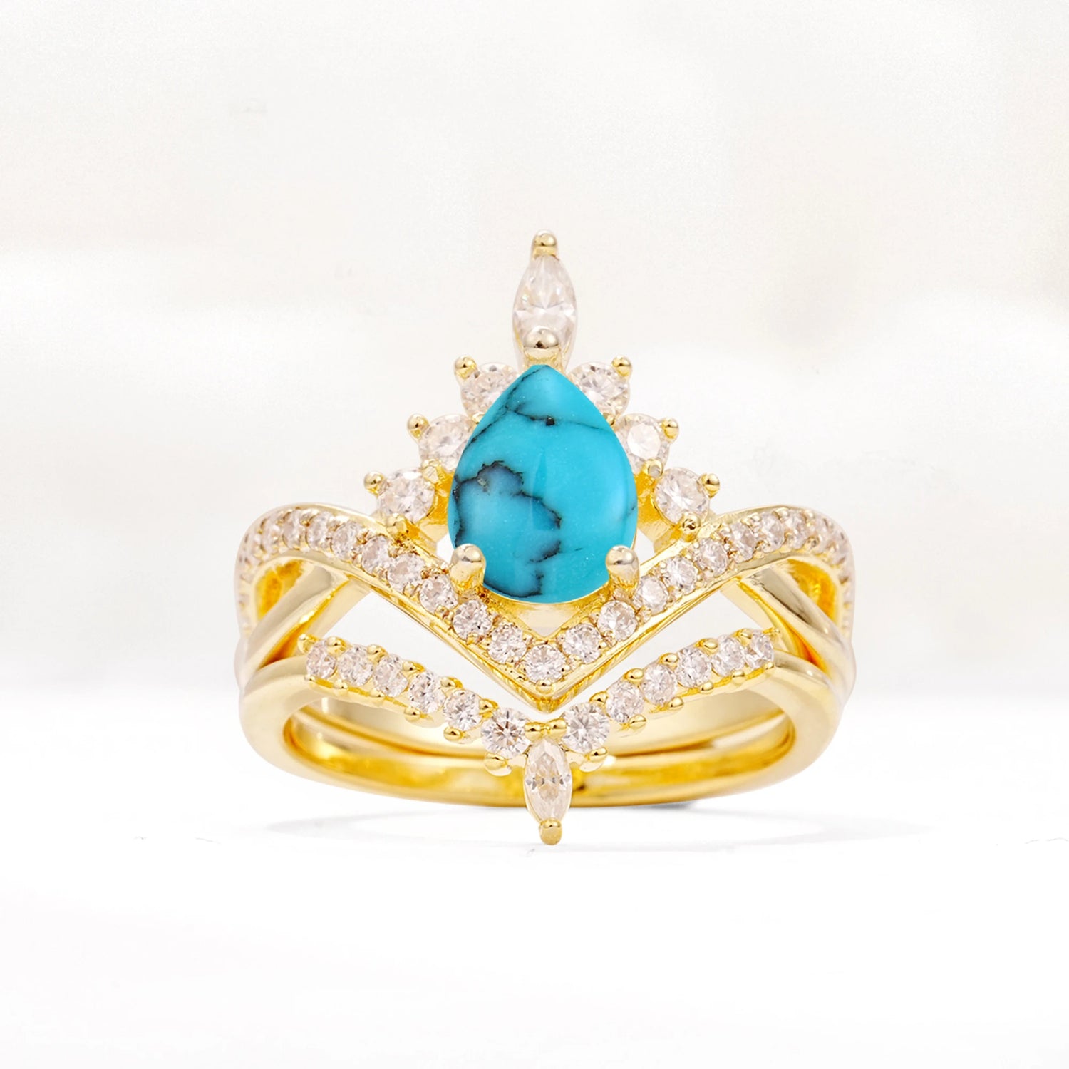 Tiara Pear Cut Turquoise Bridal Ring Set with Chevron Enhancer Band
