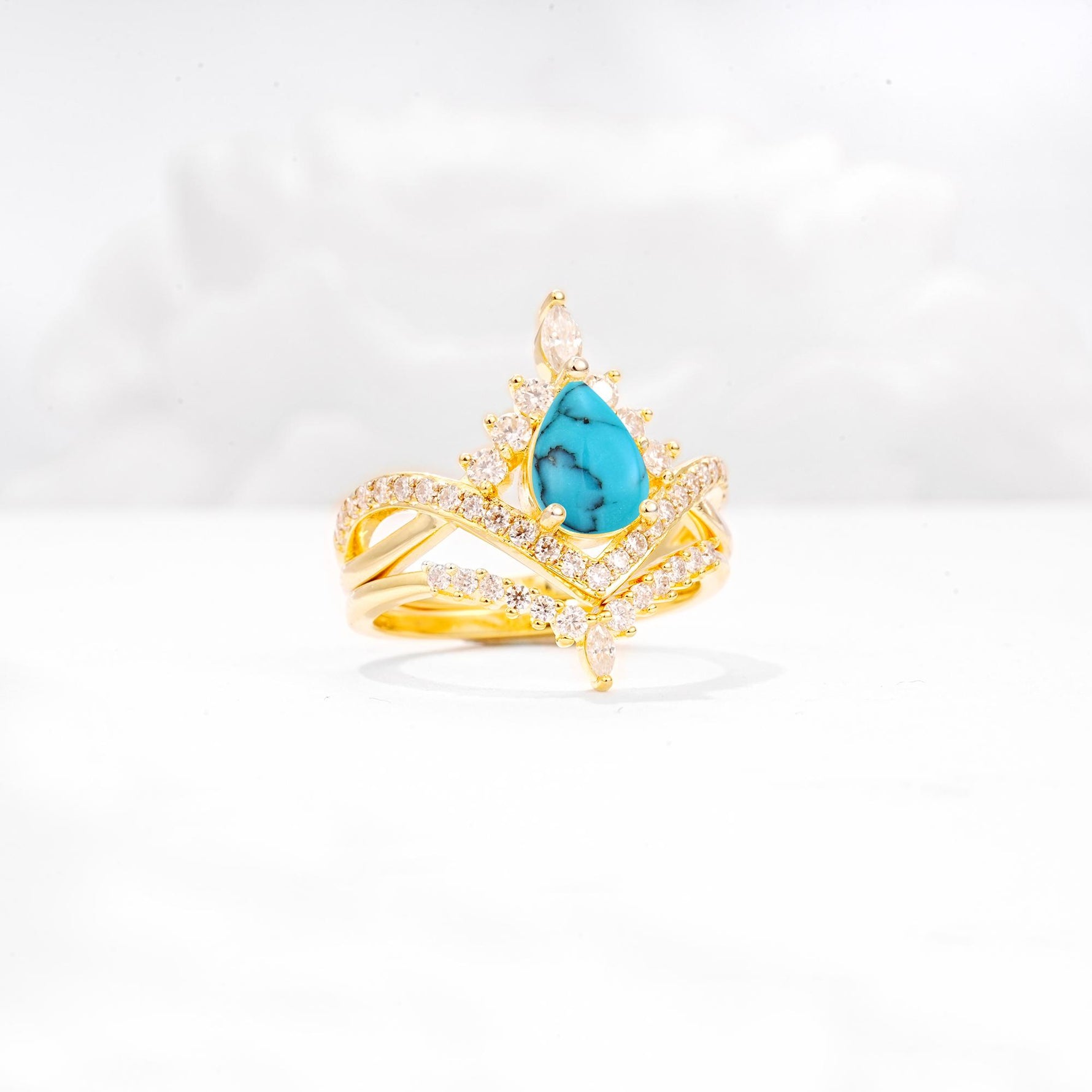 Tiara Pear Cut Turquoise Bridal Ring Set with Chevron Enhancer Band - Rose-Gold