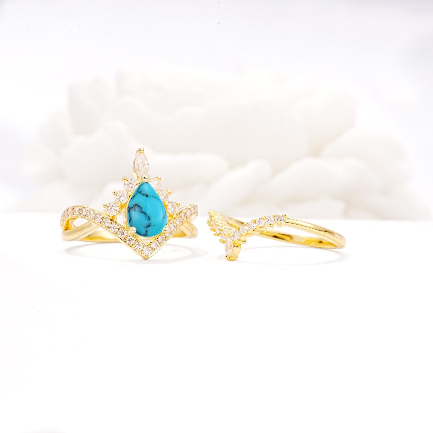 Tiara Pear Cut Turquoise Bridal Ring Set with Chevron Enhancer Band - Additional view