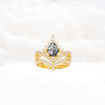 Tiara Pear Cut Black Rutilated Quartz Bridal Ring Set with Chevron Enhancer Band - Yellow-Gold
