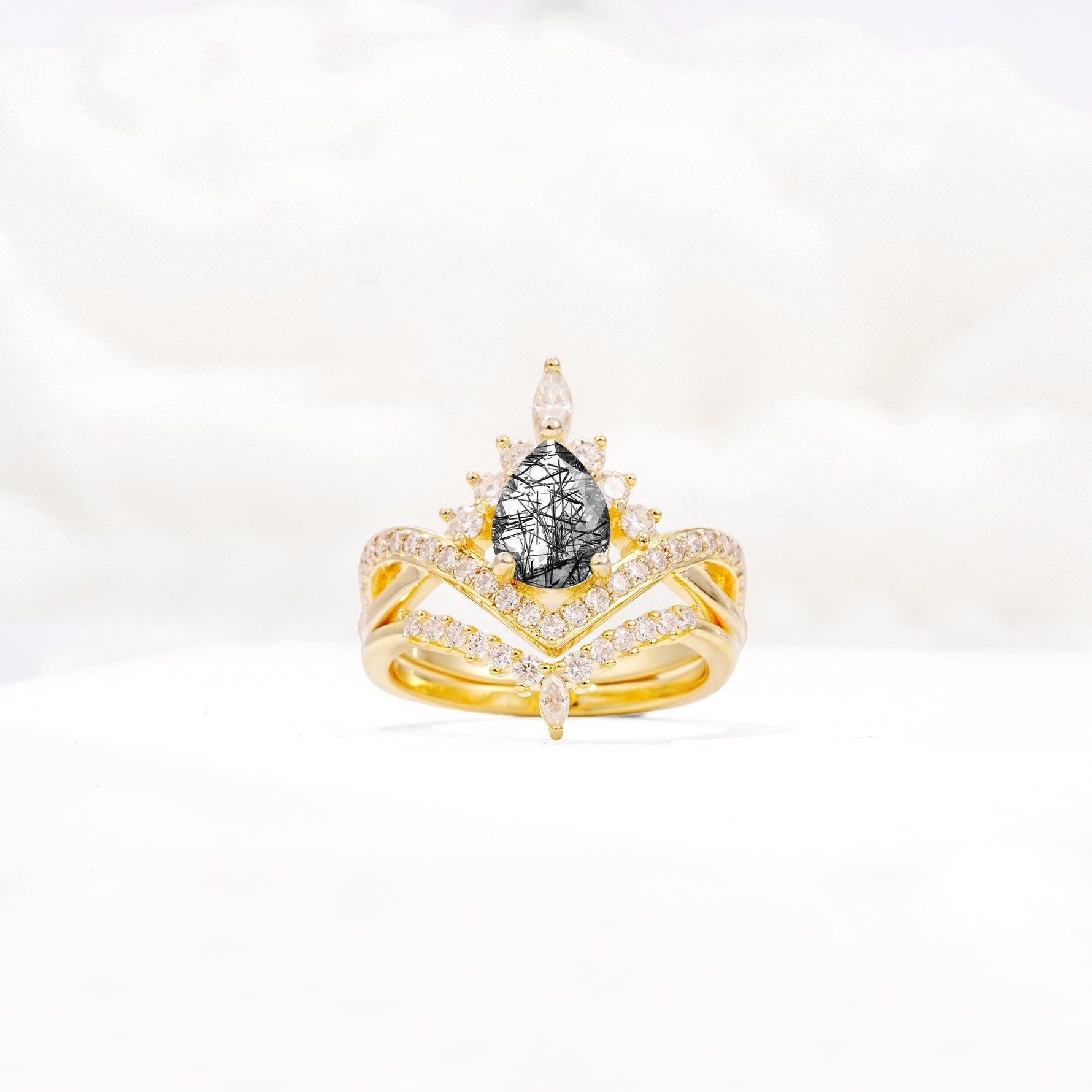 Tiara Pear Cut Black Rutilated Quartz Bridal Ring Set with Chevron Enhancer Band - Yellow-Gold