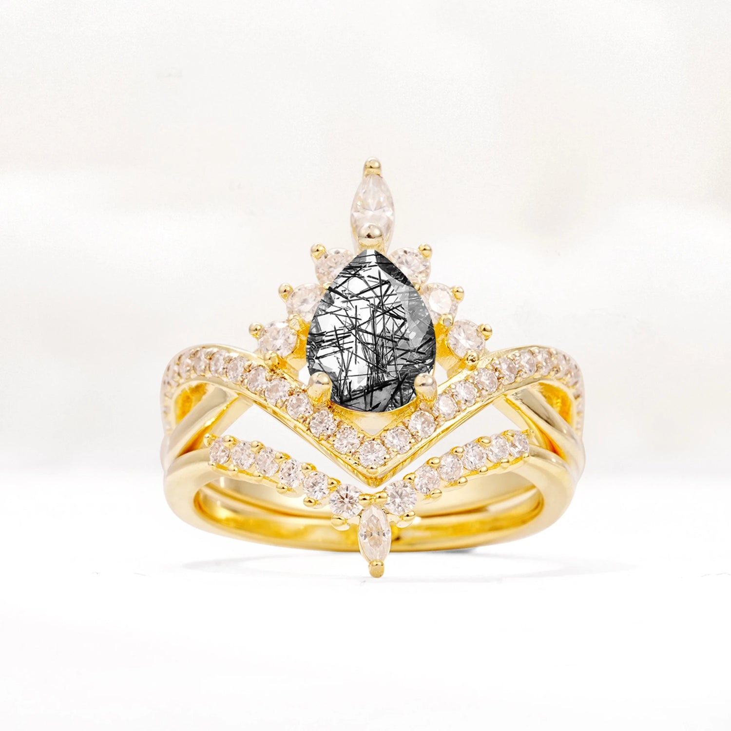 Tiara Pear Cut Black Rutilated Quartz Bridal Ring Set with Chevron Enhancer Band