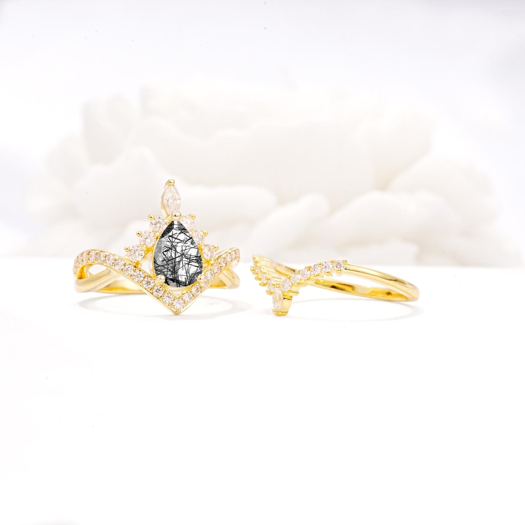 Tiara Pear Cut Black Rutilated Quartz Bridal Ring Set with Chevron Enhancer Band - Additional view