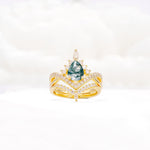 Tiara Pear Cut Moss Agate Bridal Ring Set with Chevron Enhancer Band - Yellow-Gold