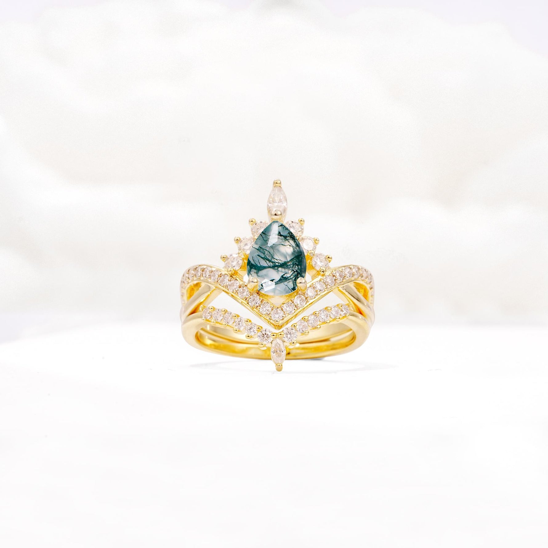 Tiara Pear Cut Moss Agate Bridal Ring Set with Chevron Enhancer Band - Yellow-Gold