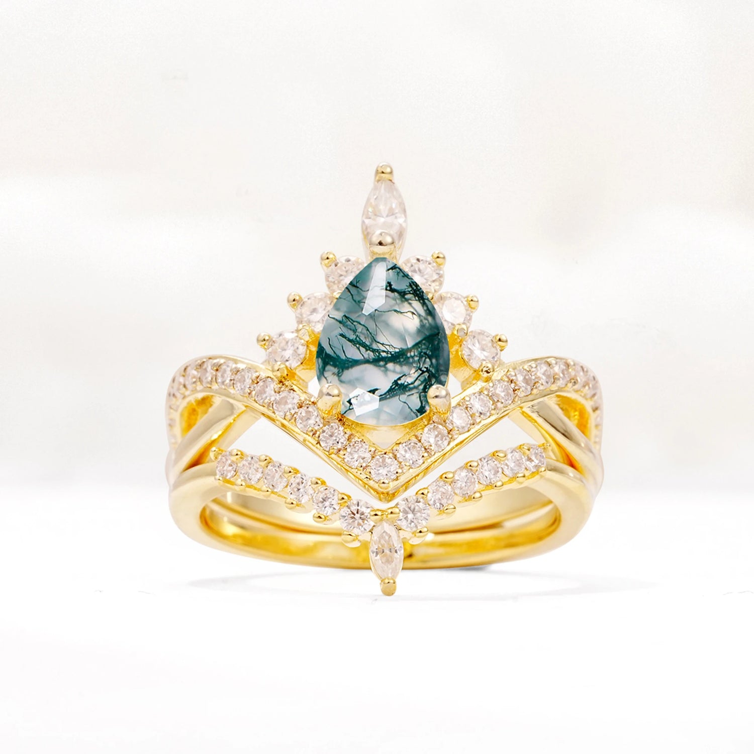 Tiara Pear Cut Moss Agate Bridal Ring Set with Chevron Enhancer Band