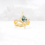 Tiara Pear Cut Moss Agate Bridal Ring Set with Chevron Enhancer Band - Rose-Gold