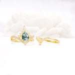 Tiara Pear Cut Moss Agate Bridal Ring Set with Chevron Enhancer Band - Additional view