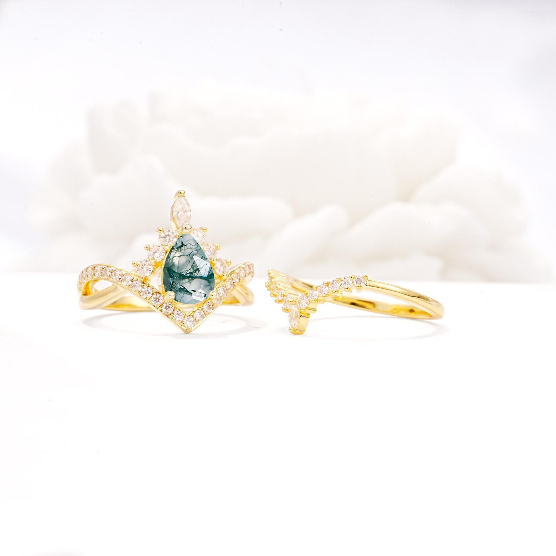 Tiara Pear Cut Moss Agate Bridal Ring Set with Chevron Enhancer Band - Additional view