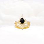 Tiara Pear Cut Black Onyx Bridal Ring Set with Chevron Enhancer Band - Yellow-Gold