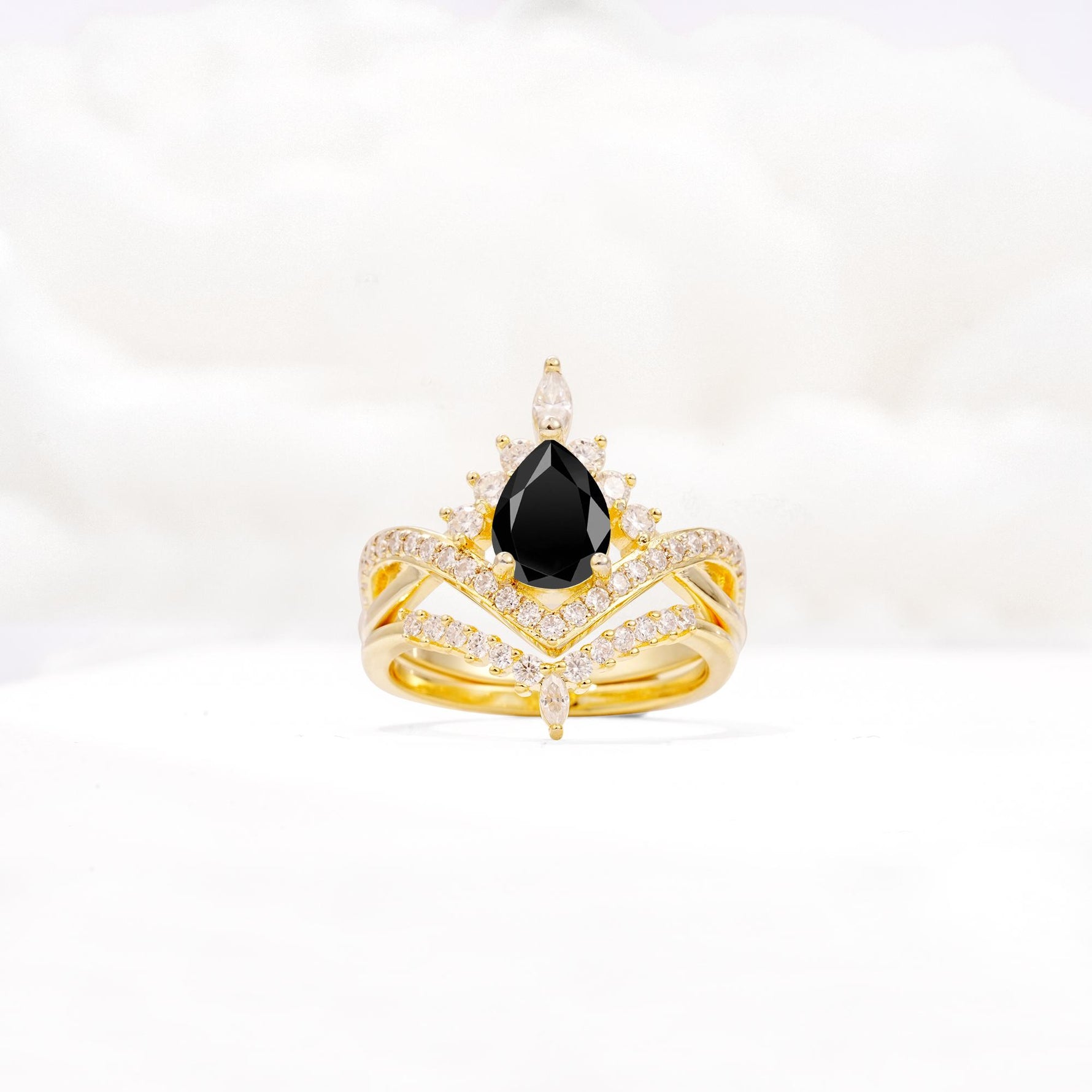 Tiara Pear Cut Black Onyx Bridal Ring Set with Chevron Enhancer Band - Yellow-Gold