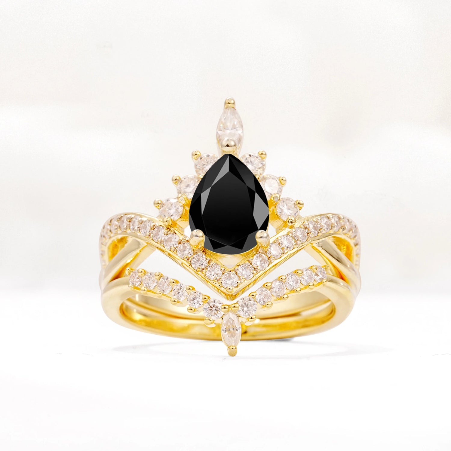 Tiara Pear Cut Black Onyx Bridal Ring Set with Chevron Enhancer Band