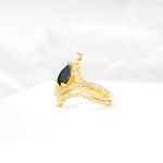 Tiara Pear Cut Black Onyx Bridal Ring Set with Chevron Enhancer Band - White-Gold