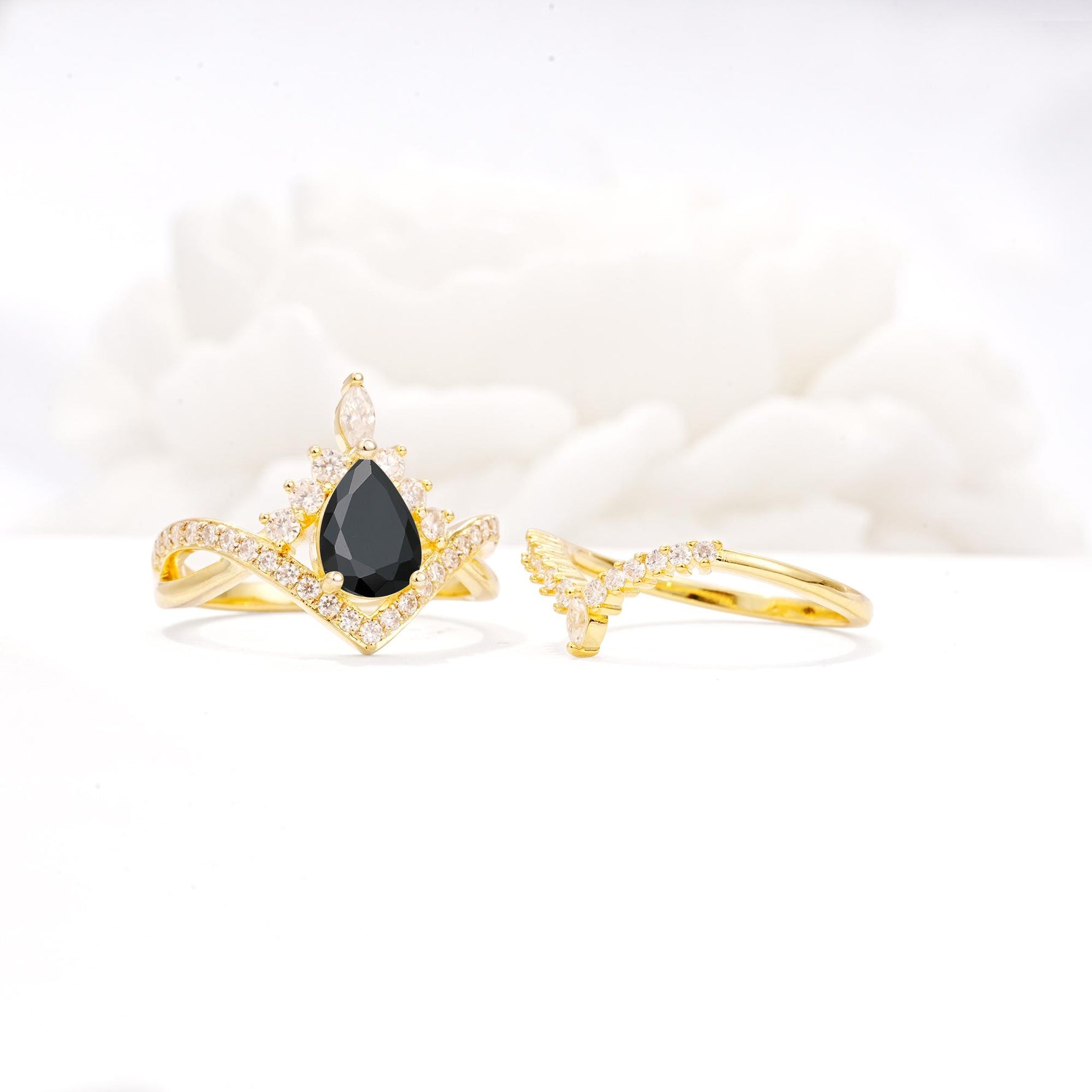 Tiara Pear Cut Black Onyx Bridal Ring Set with Chevron Enhancer Band - Additional view