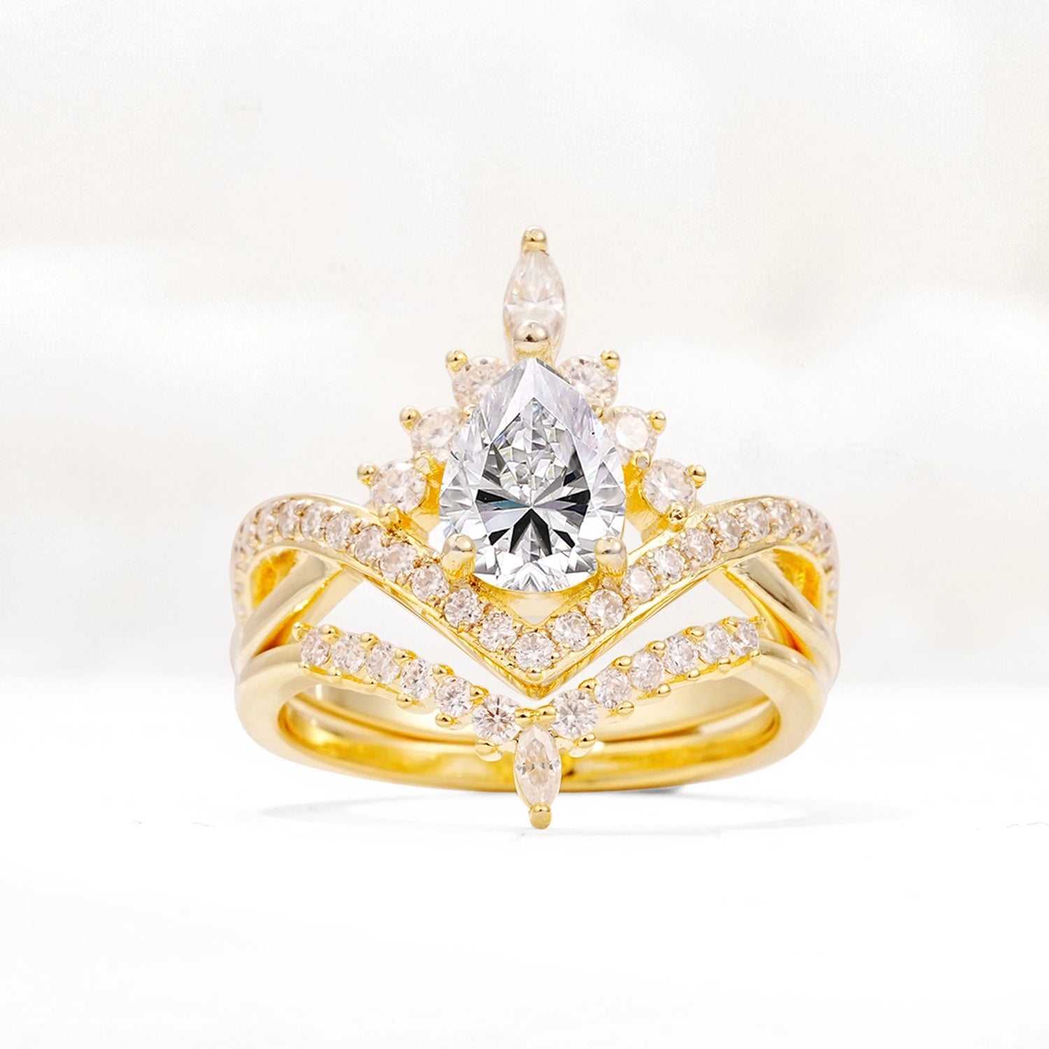 Tiara Pear Cut Lab Diamond Bridal Ring Set with Chevron Enhancer Band