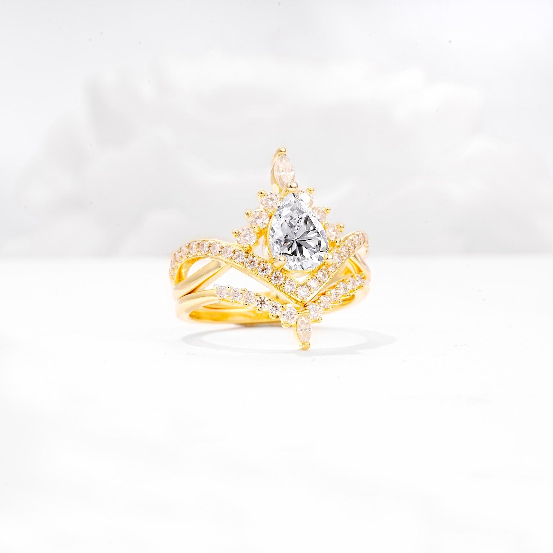 Tiara Pear Cut Lab Diamond Bridal Ring Set with Chevron Enhancer Band - Rose-Gold