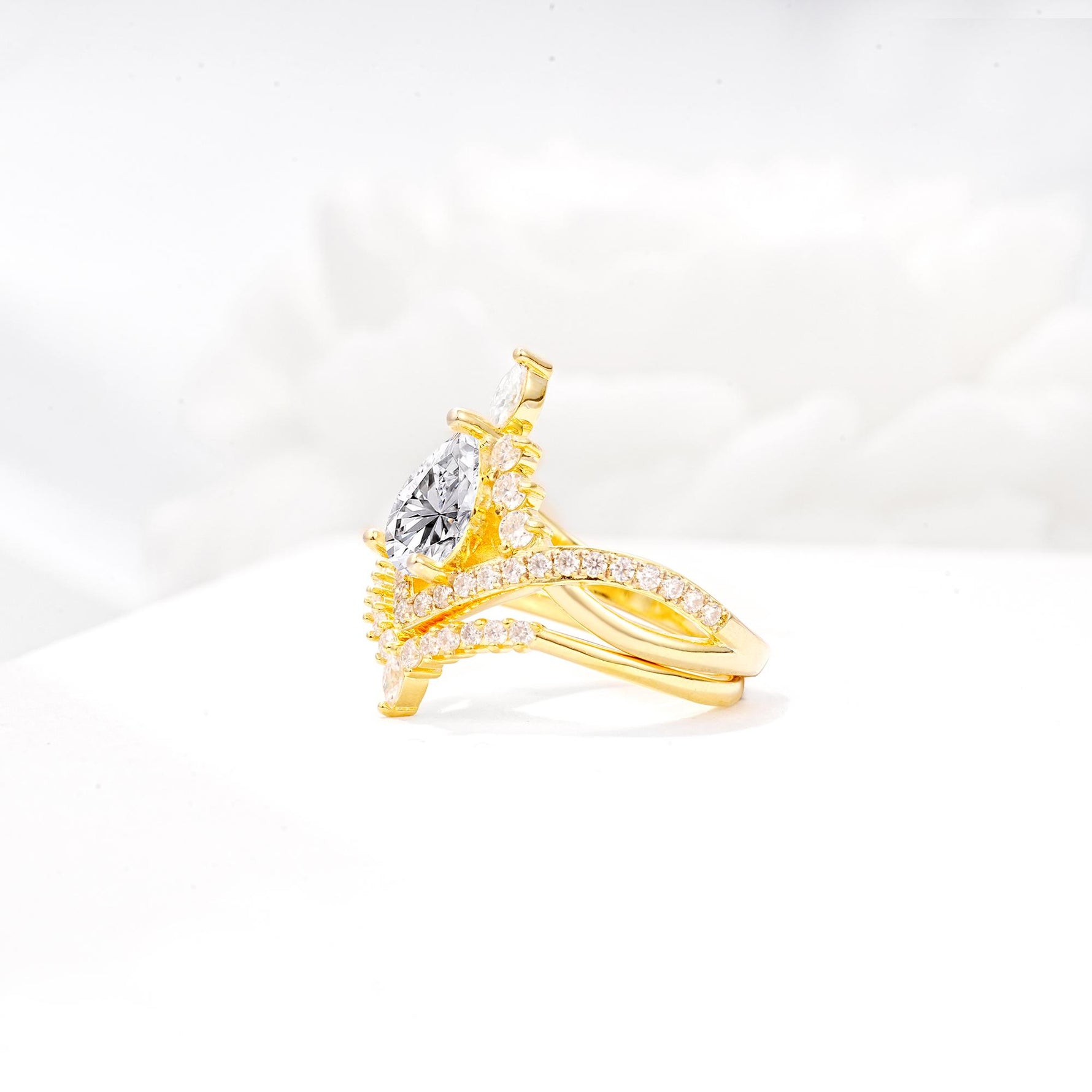Tiara Pear Cut Lab Diamond Bridal Ring Set with Chevron Enhancer Band - White-Gold