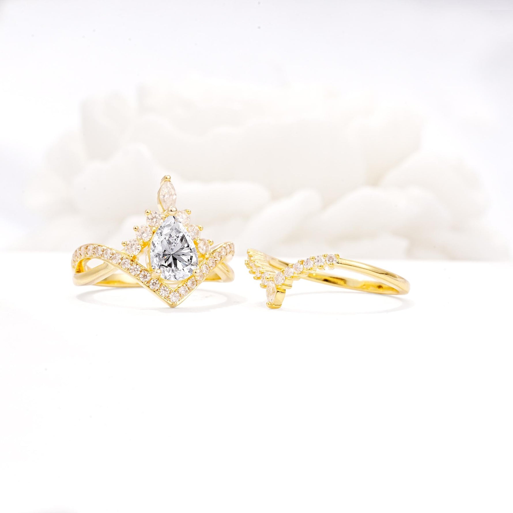 Tiara Pear Cut Lab Diamond Bridal Ring Set with Chevron Enhancer Band - Additional view