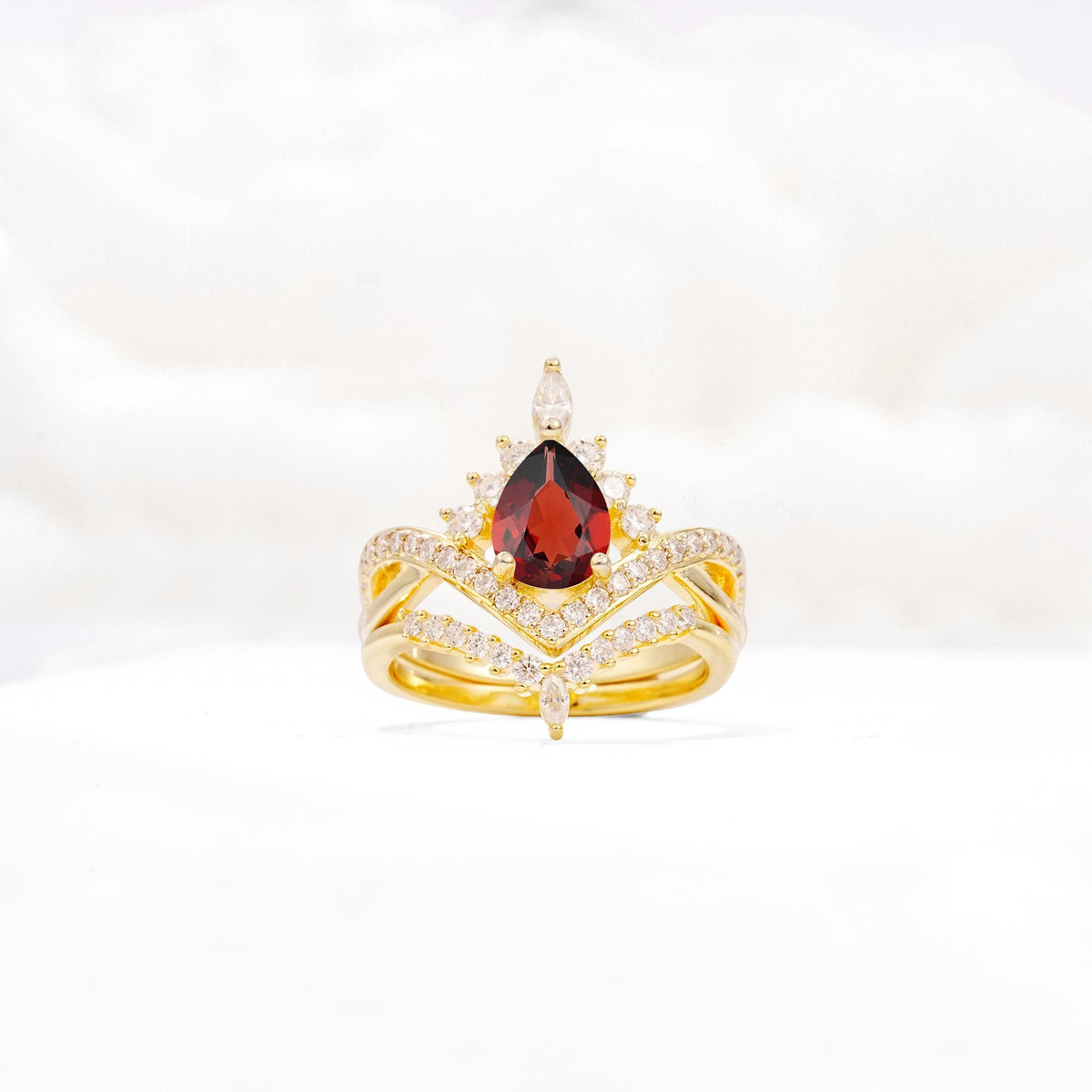 Tiara Pear Cut Garnet Bridal Ring Set with Chevron Enhancer Band - Yellow-Gold