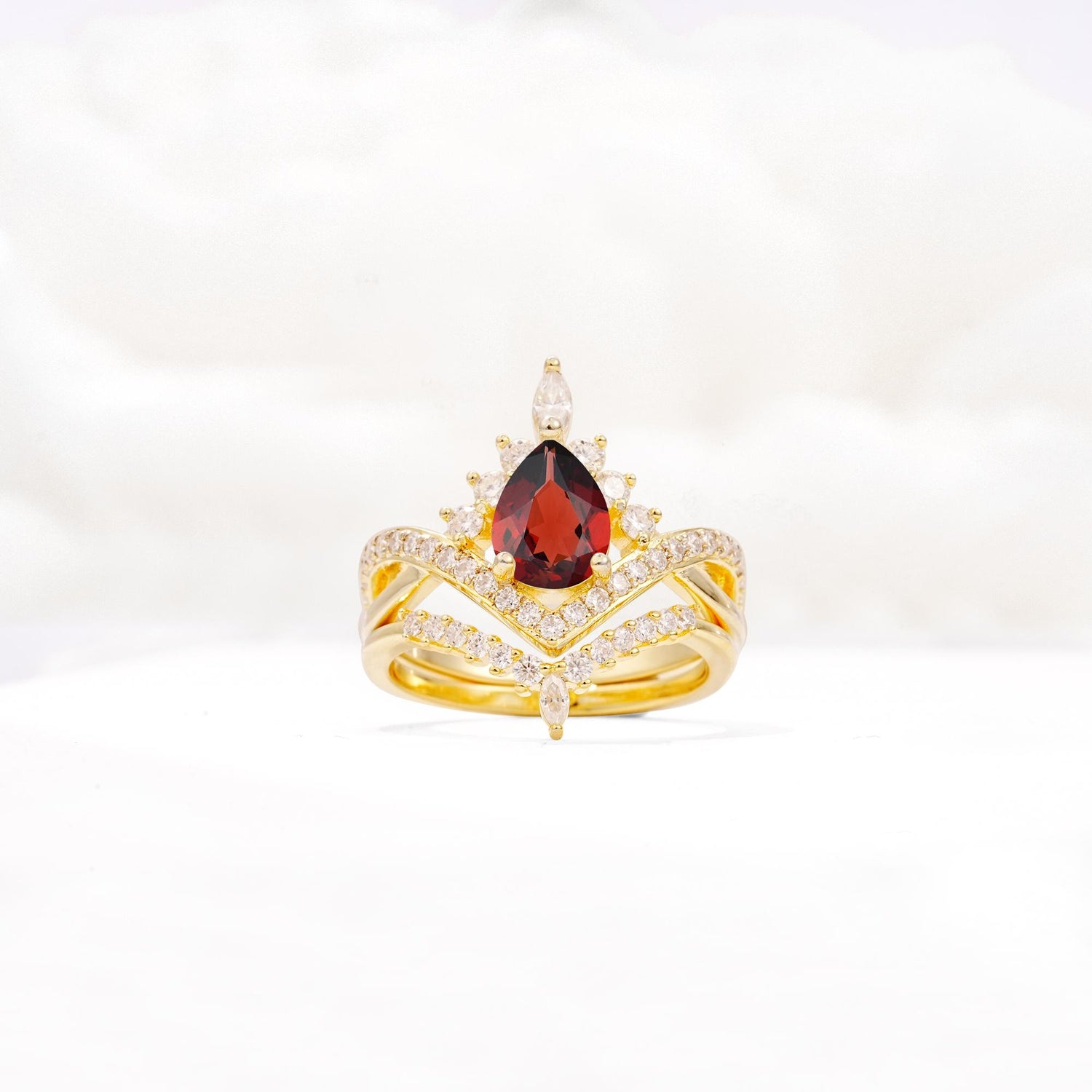 Tiara Pear Cut Garnet Bridal Ring Set with Chevron Enhancer Band - Yellow-Gold