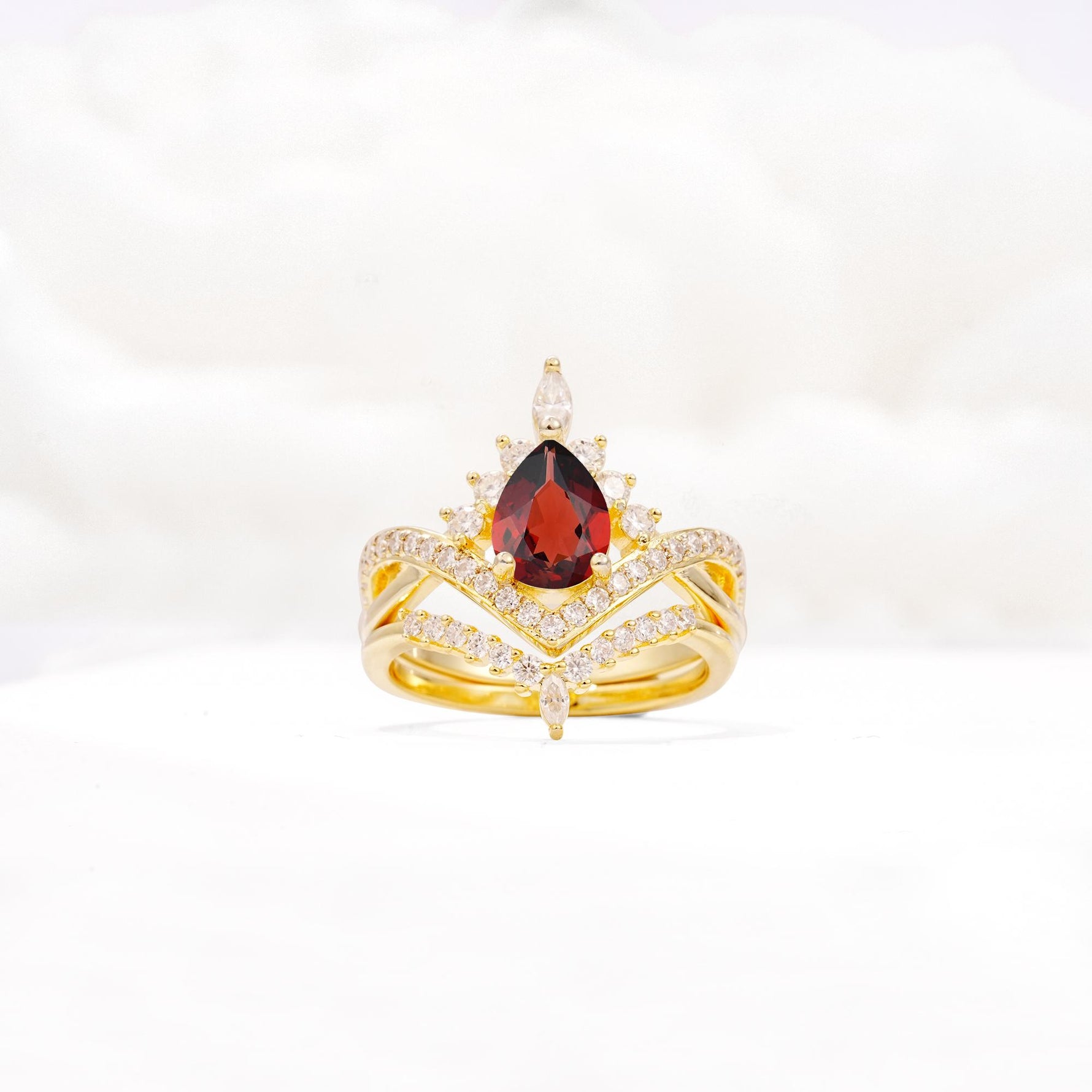Tiara Pear Cut Garnet Bridal Ring Set with Chevron Enhancer Band - Yellow-Gold
