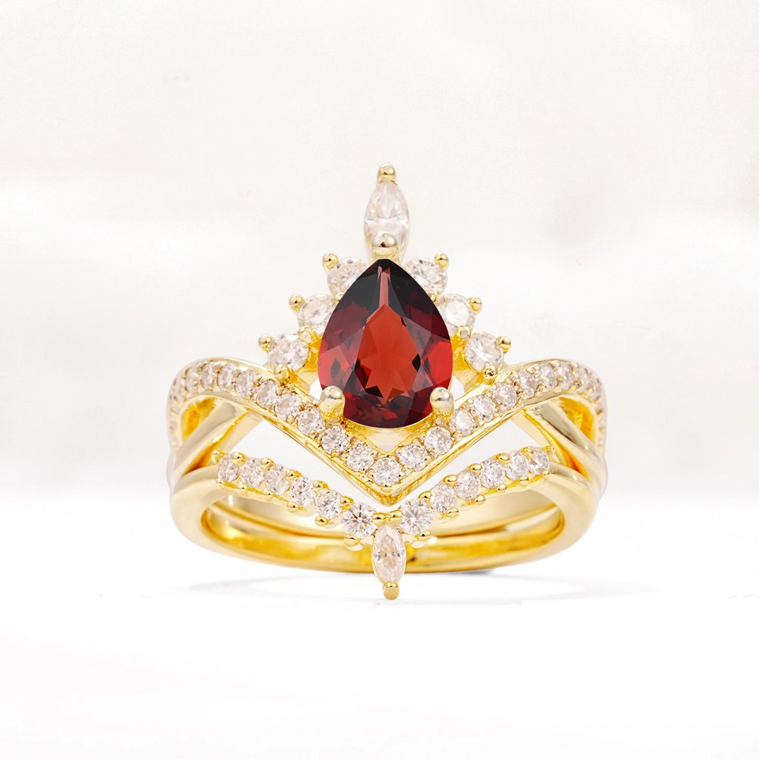 Tiara Pear Cut Garnet Bridal Ring Set with Chevron Enhancer Band