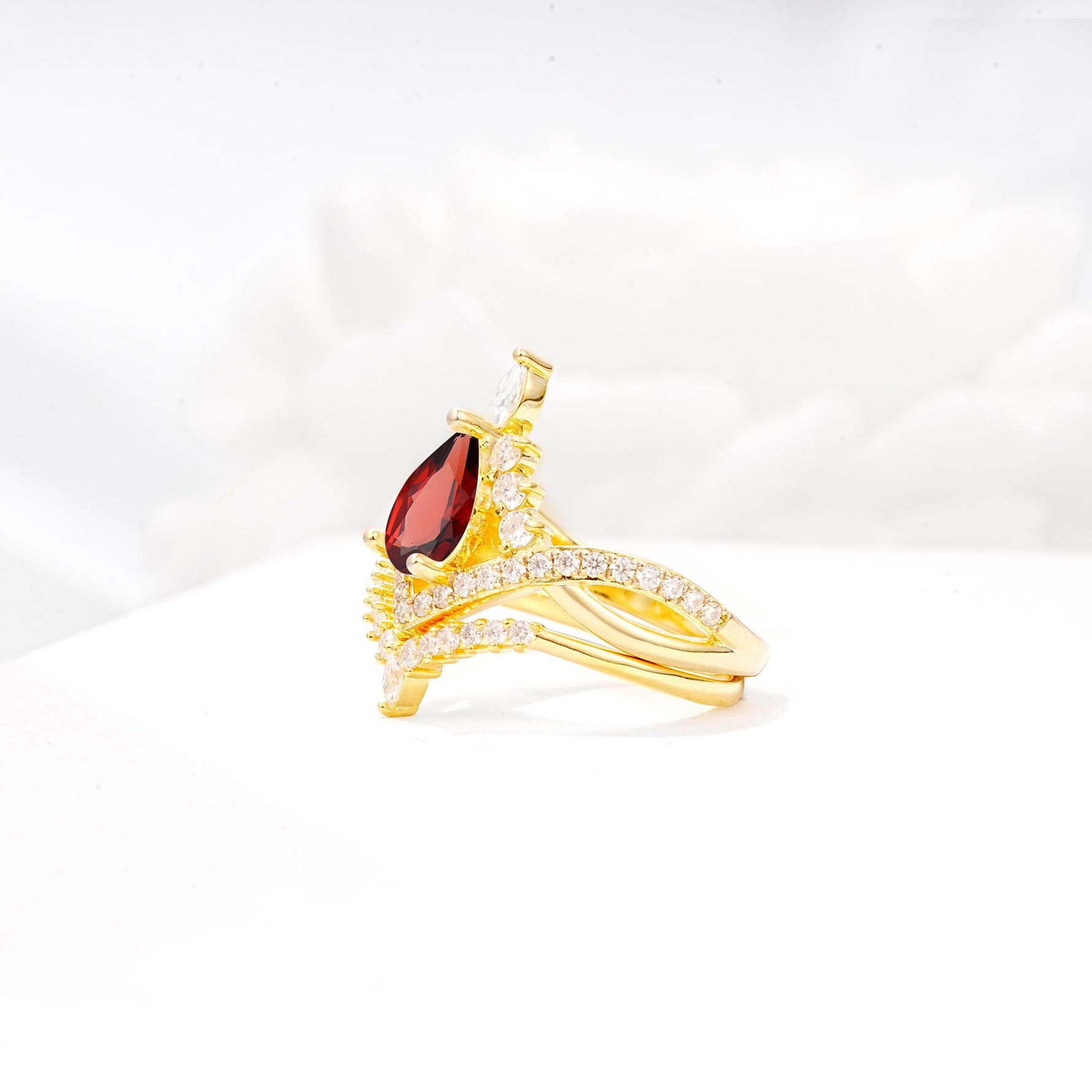 Tiara Pear Cut Garnet Bridal Ring Set with Chevron Enhancer Band - White-Gold