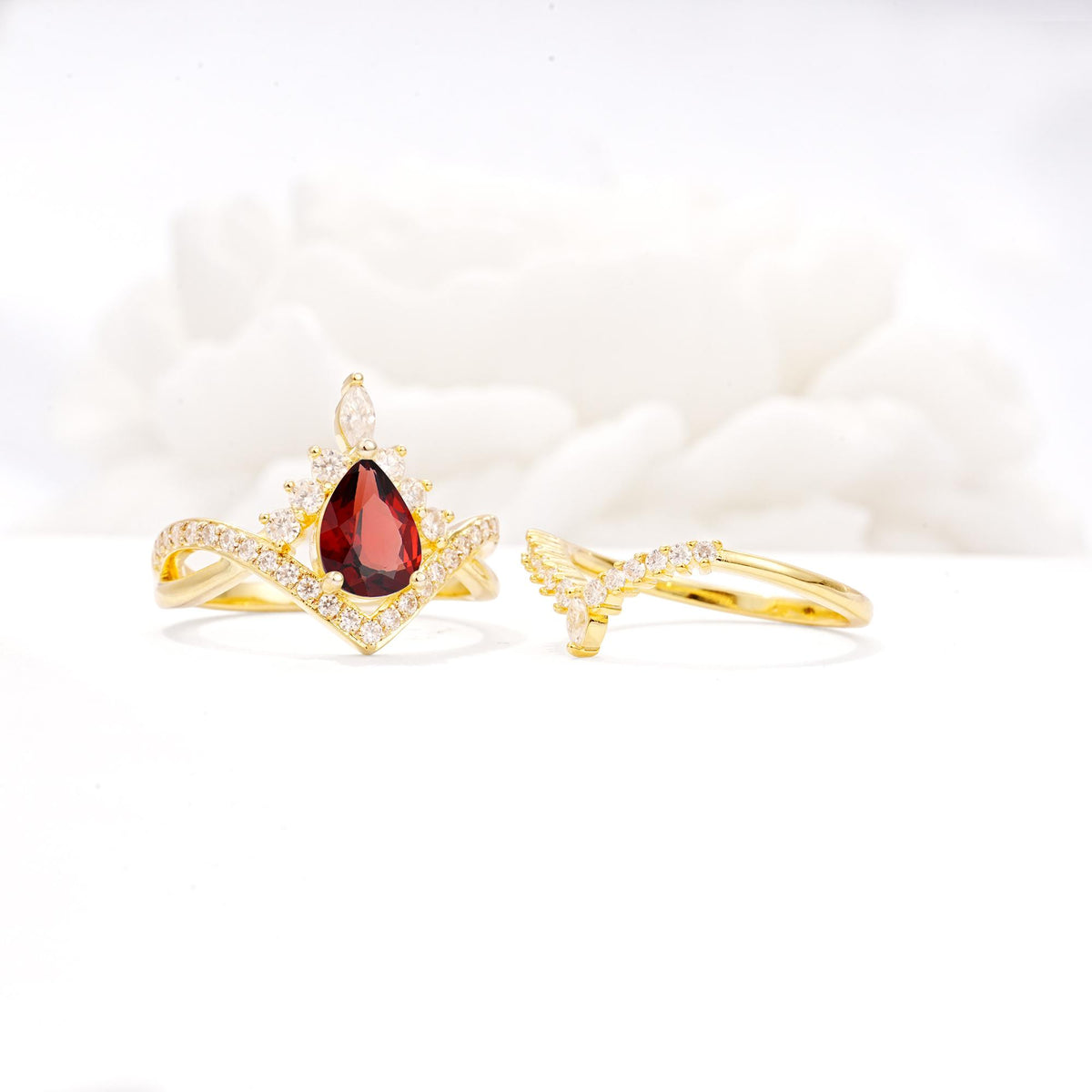 Tiara Pear Cut Garnet Bridal Ring Set with Chevron Enhancer Band - Additional view