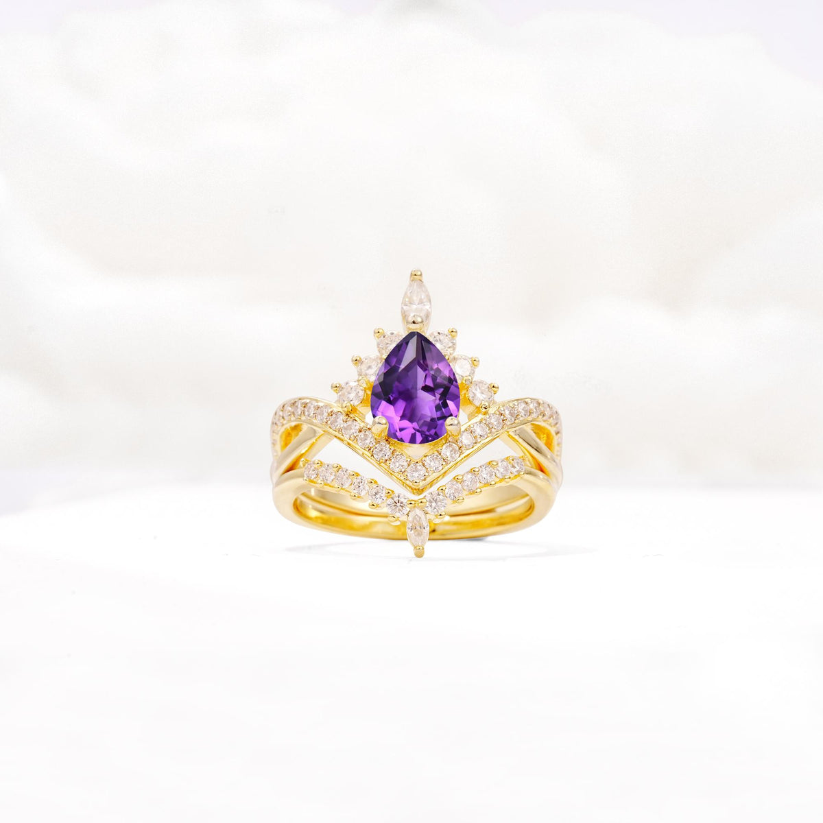 Tiara Pear Cut Amethyst Bridal Ring Set with Chevron Enhancer Band - Yellow-Gold