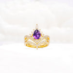 Tiara Pear Cut Amethyst Bridal Ring Set with Chevron Enhancer Band - Yellow-Gold