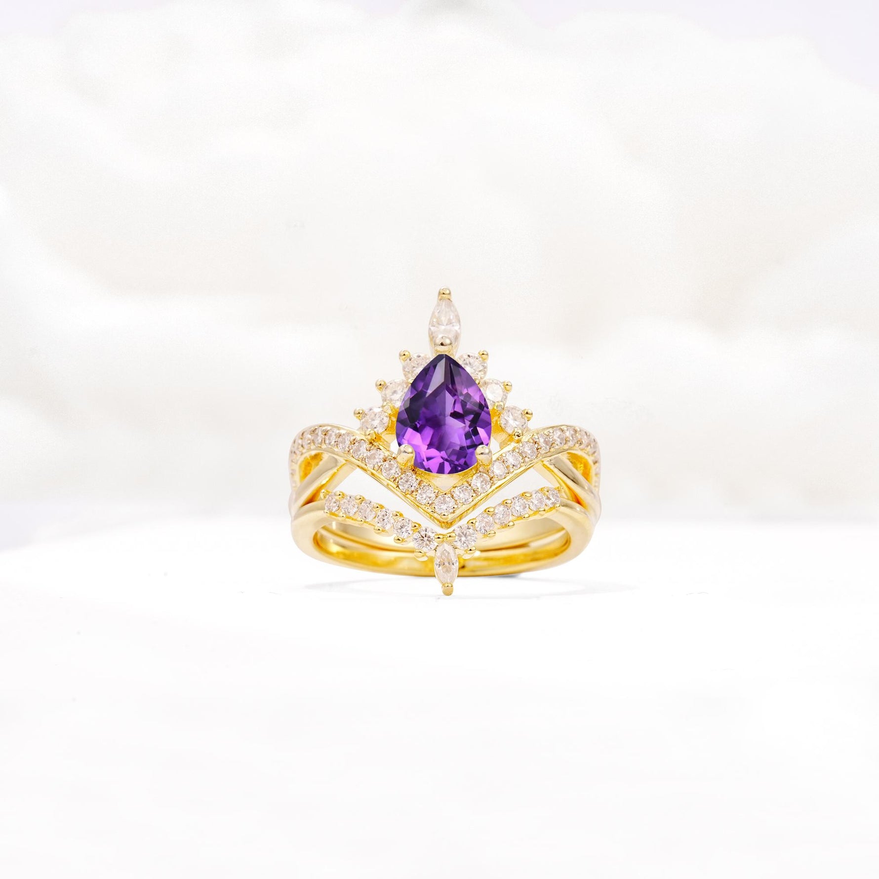 Tiara Pear Cut Amethyst Bridal Ring Set with Chevron Enhancer Band - Yellow-Gold