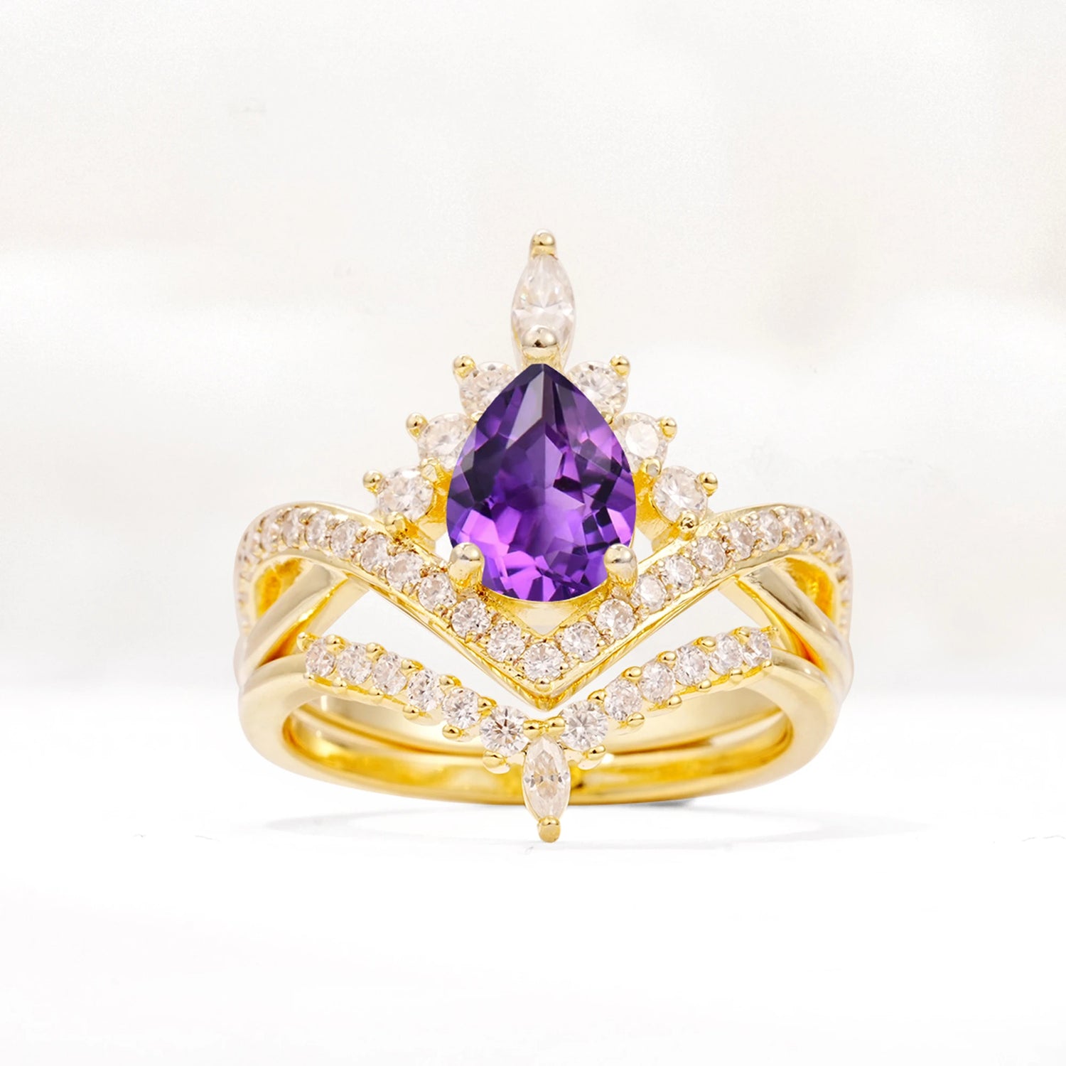 Tiara Pear Cut Amethyst Bridal Ring Set with Chevron Enhancer Band