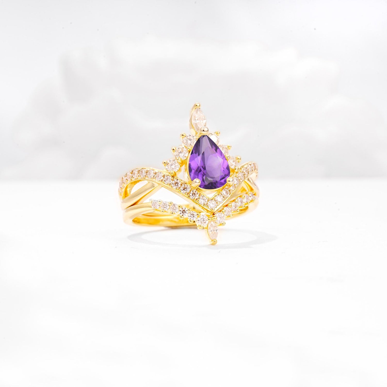 Tiara Pear Cut Amethyst Bridal Ring Set with Chevron Enhancer Band - Rose-Gold