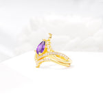 Tiara Pear Cut Amethyst Bridal Ring Set with Chevron Enhancer Band - White-Gold