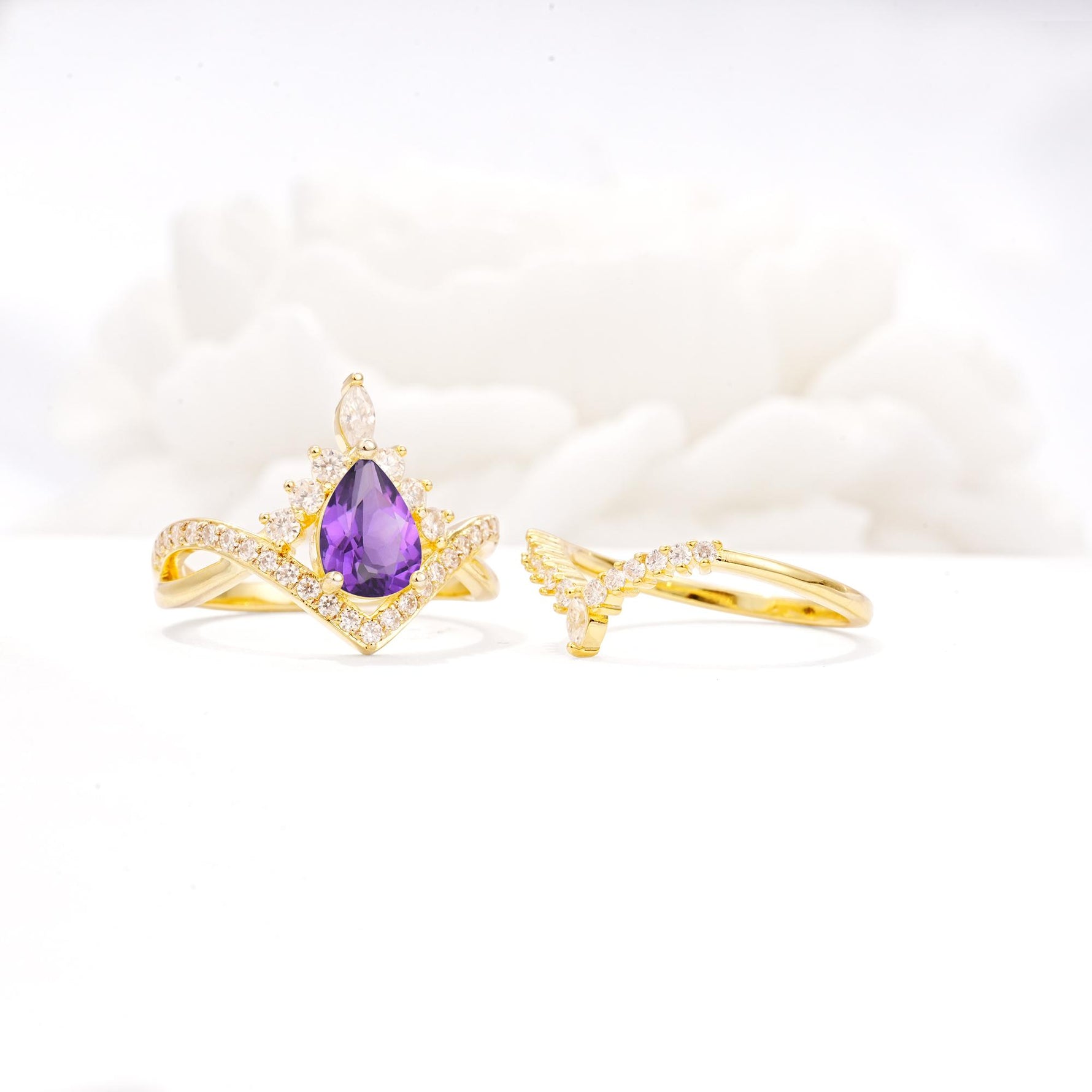 Tiara Pear Cut Amethyst Bridal Ring Set with Chevron Enhancer Band - Additional view