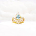 Tiara Pear Cut Aquamarine Bridal Ring Set with Chevron Enhancer Band - Yellow-Gold