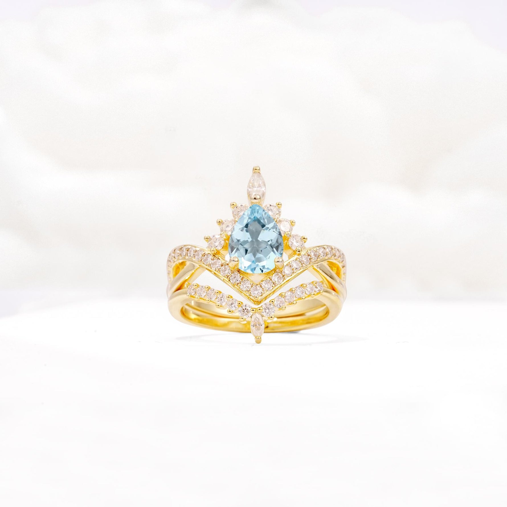 Tiara Pear Cut Aquamarine Bridal Ring Set with Chevron Enhancer Band - Yellow-Gold