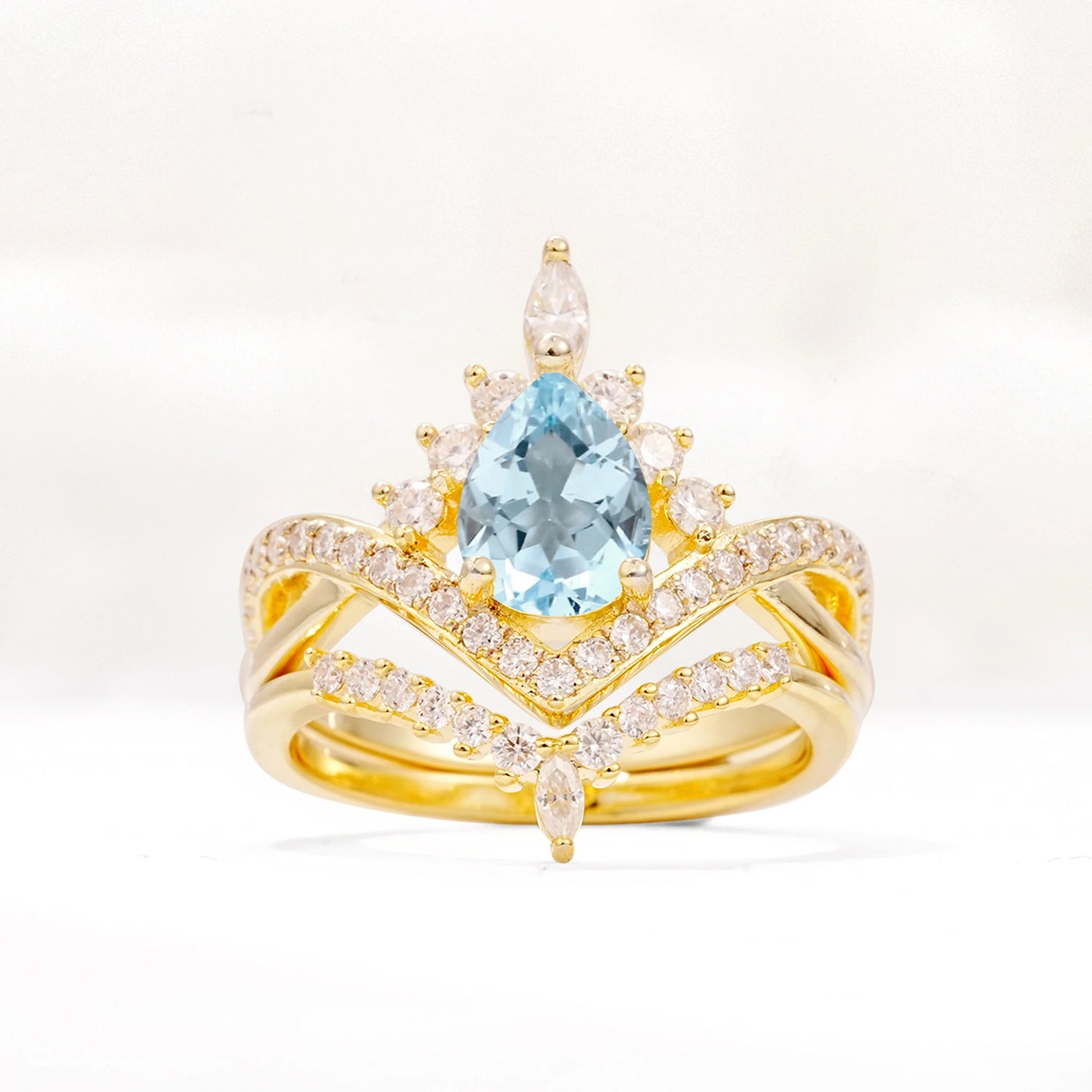 Tiara Pear Cut Aquamarine Bridal Ring Set with Chevron Enhancer Band
