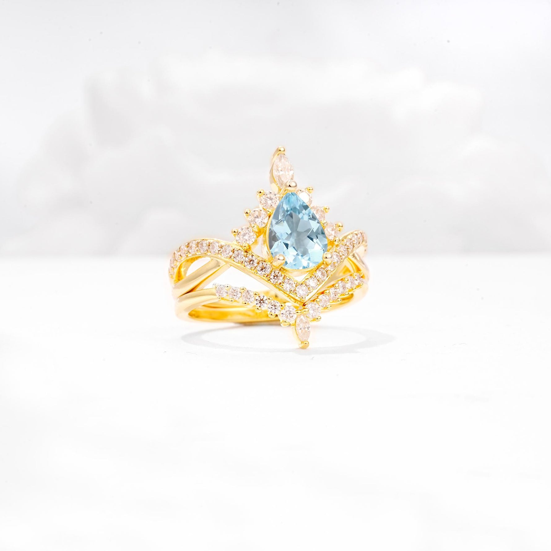 Tiara Pear Cut Aquamarine Bridal Ring Set with Chevron Enhancer Band - Rose-Gold