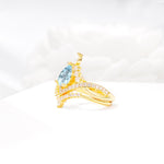 Tiara Pear Cut Aquamarine Bridal Ring Set with Chevron Enhancer Band - White-Gold
