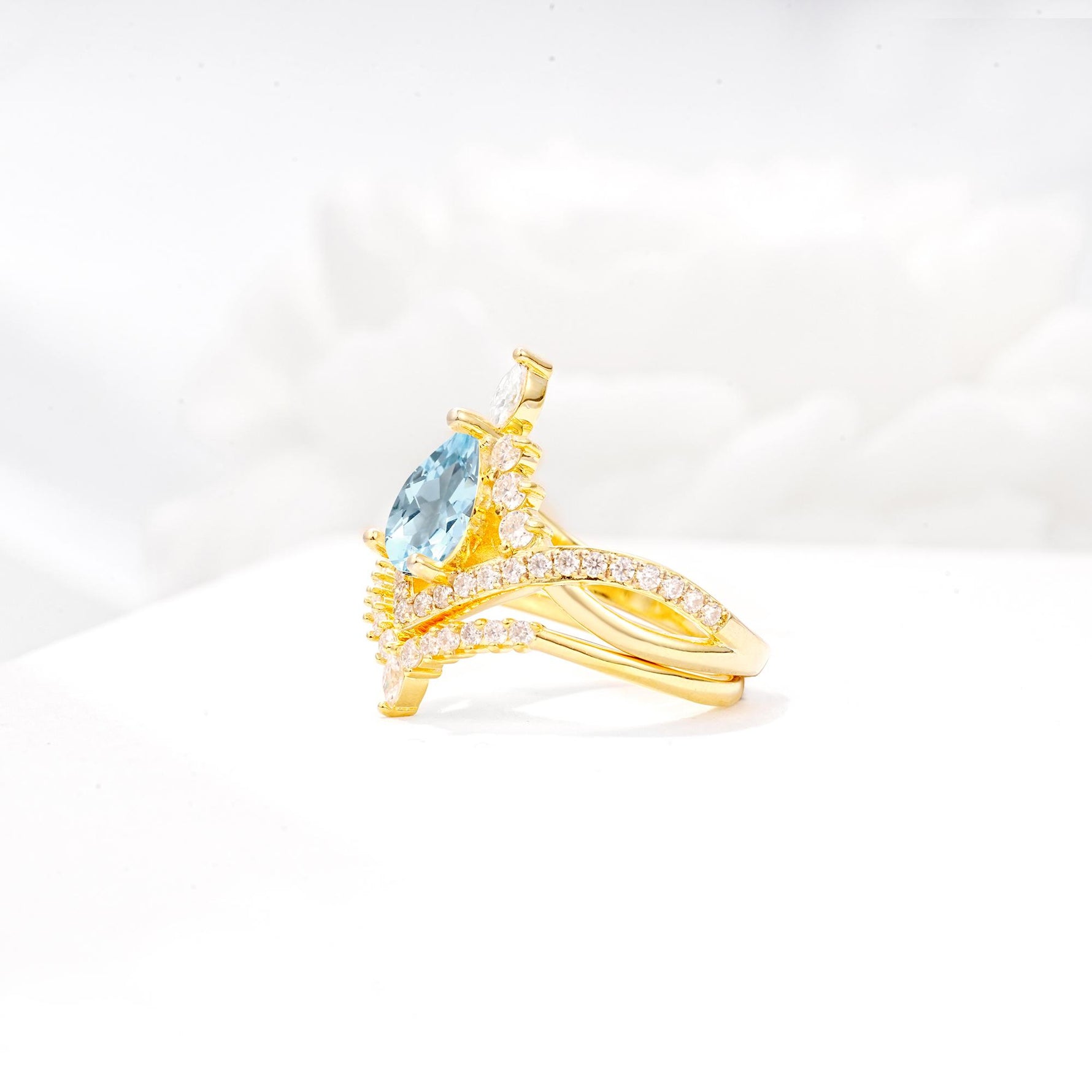 Tiara Pear Cut Aquamarine Bridal Ring Set with Chevron Enhancer Band - White-Gold