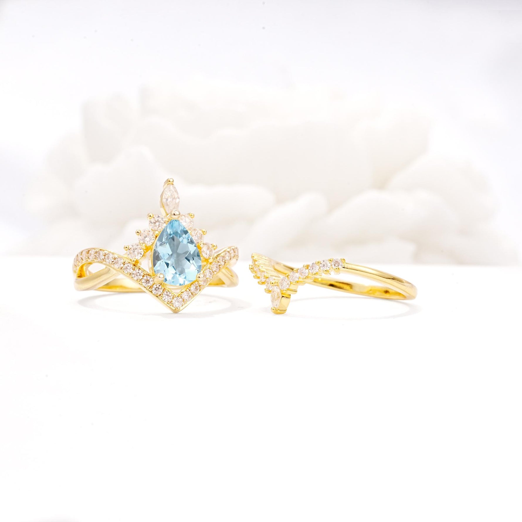 Tiara Pear Cut Aquamarine Bridal Ring Set with Chevron Enhancer Band - Additional view