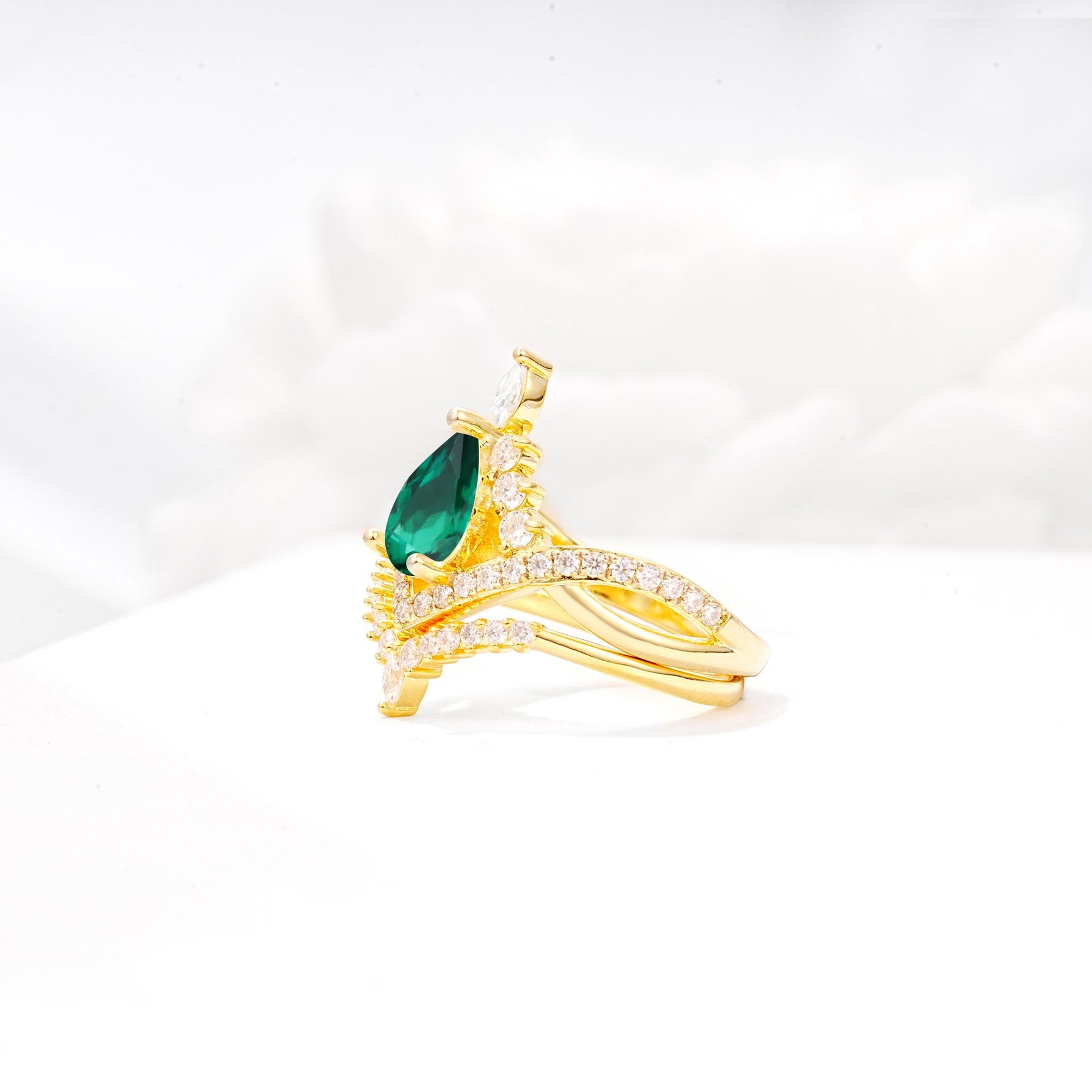 Tiara Pear Cut Emerald Bridal Ring Set with Chevron Enhancer Band - White-Gold